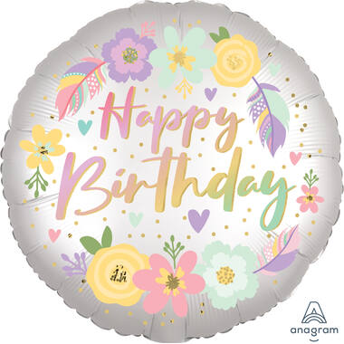 Foil Balloon - "Happy Birthday" - Flowers - Satin - 45 cm